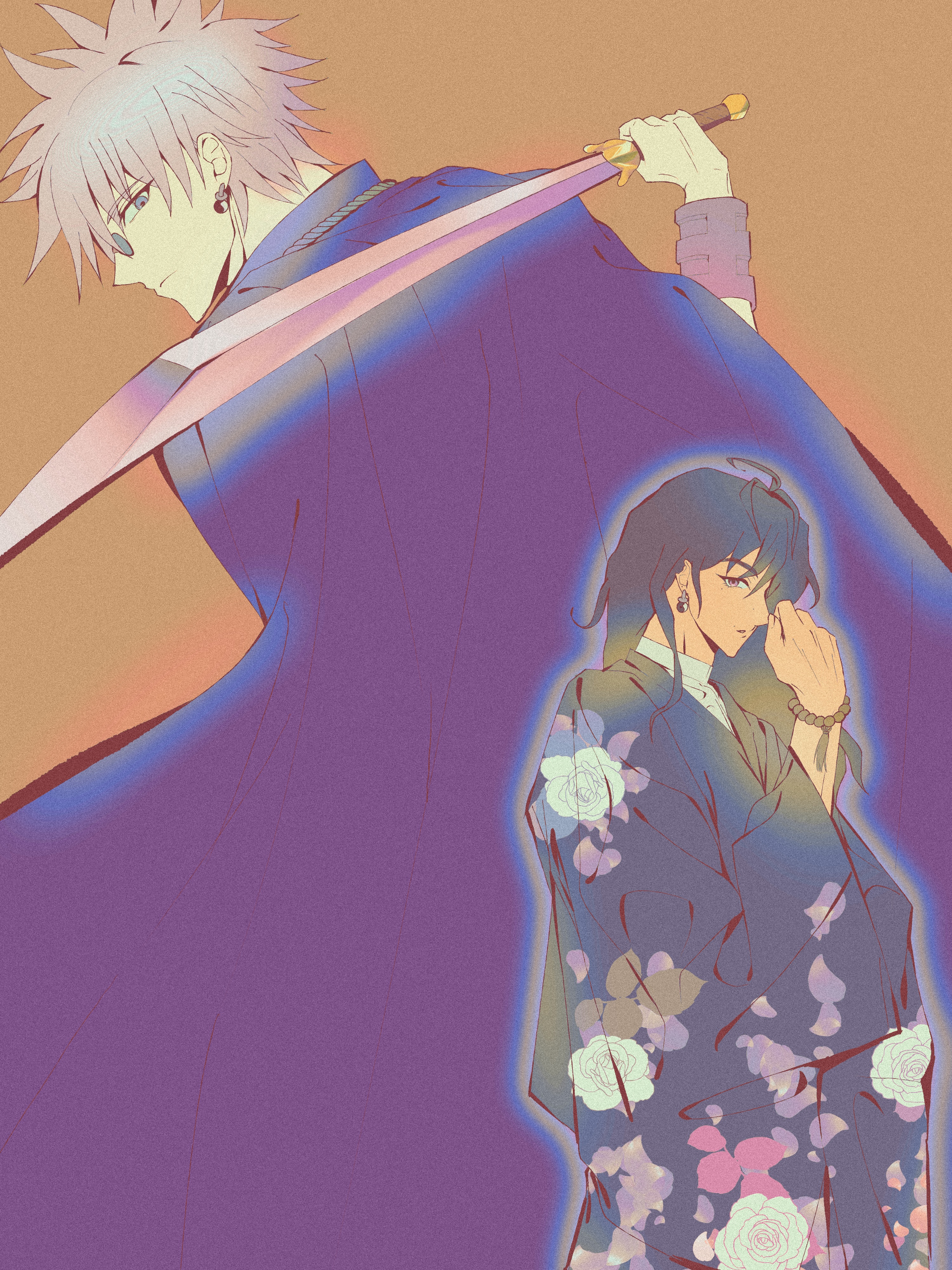 artwork of Enishi and Yukie, with Enishi's back and cape creating the background for Yukie